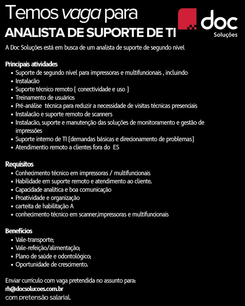 Doc Soluções contrata Analista de Suporte de TI