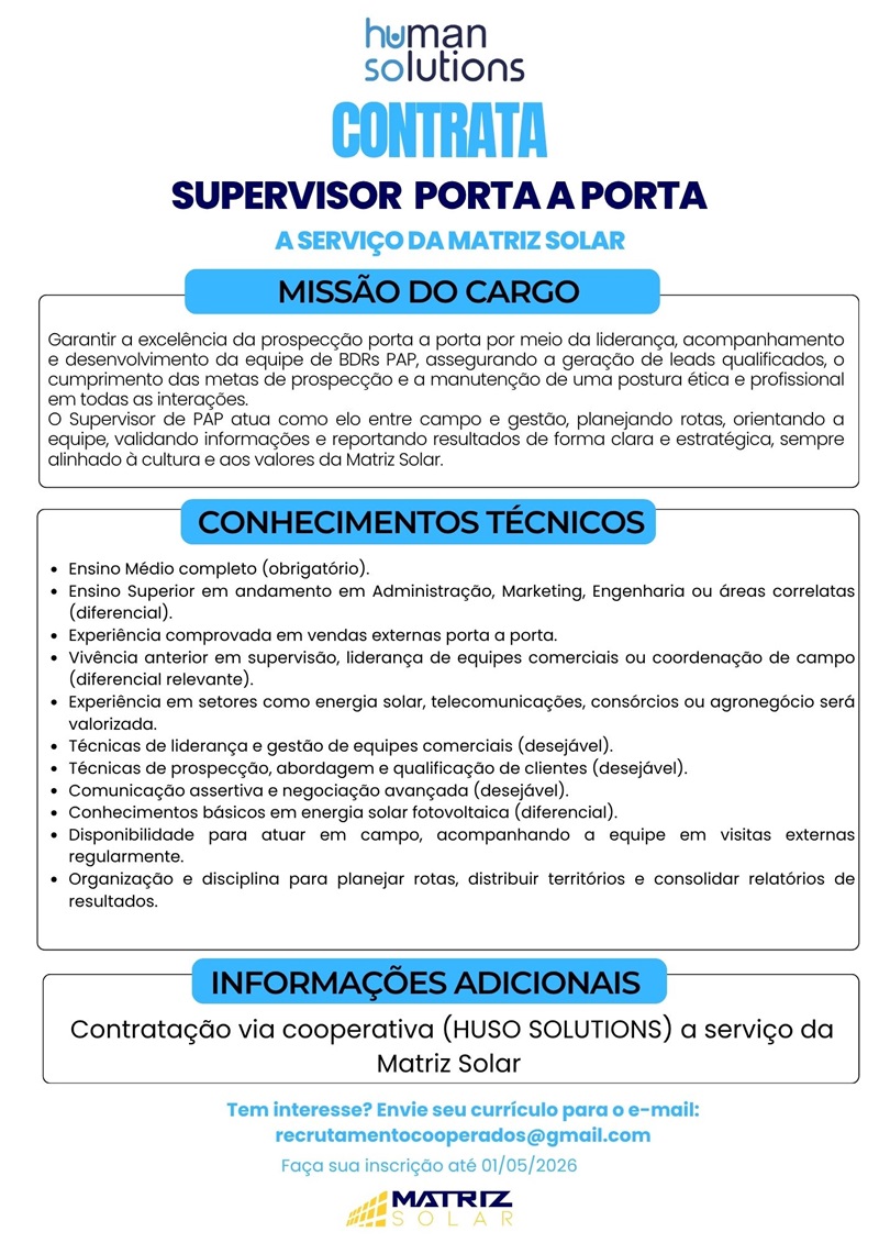 Human Solutions contrata Supervisor Porta a Porta (PAP)