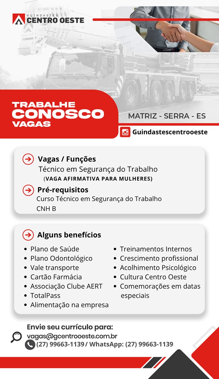 Guindastes Centro Oeste contrata Técnico em Segurança do Trabalho