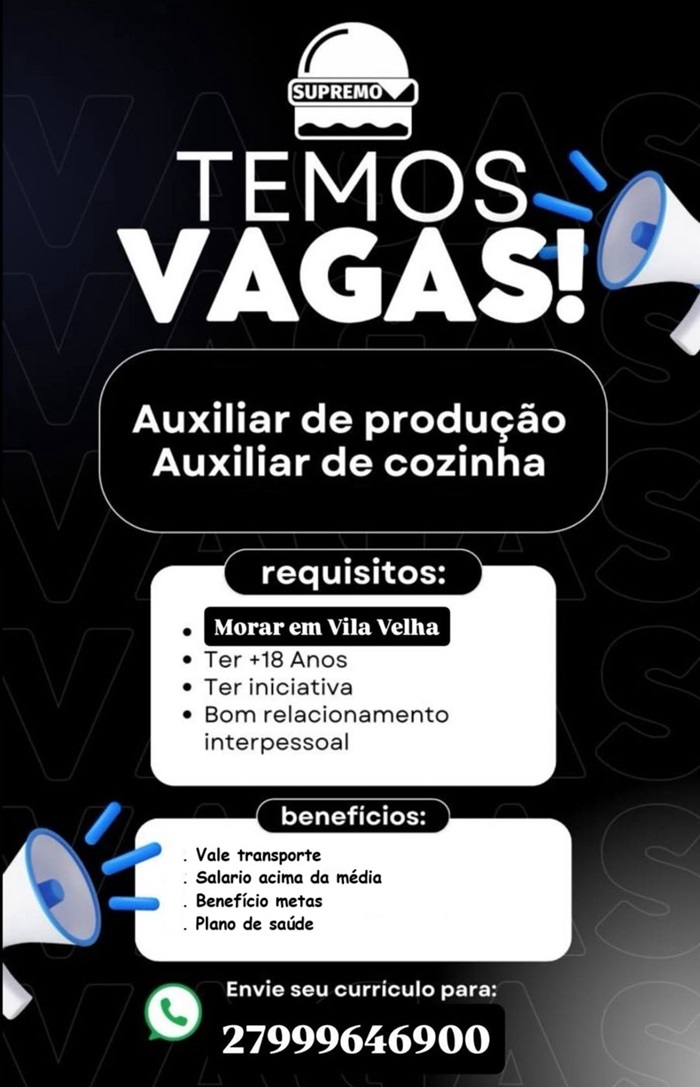 Supremo Hamburgueria abre vagas de emprego