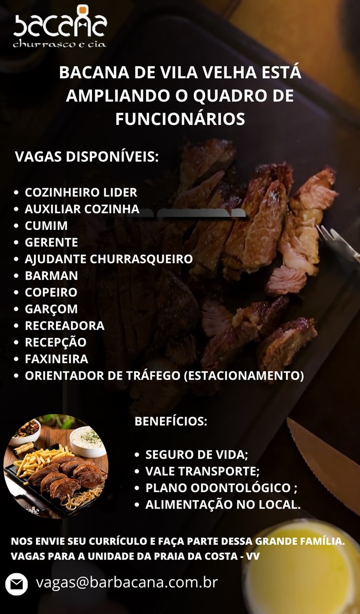 BACANA DE VILA VELHA ABRE VAGAS DE EMPREGO