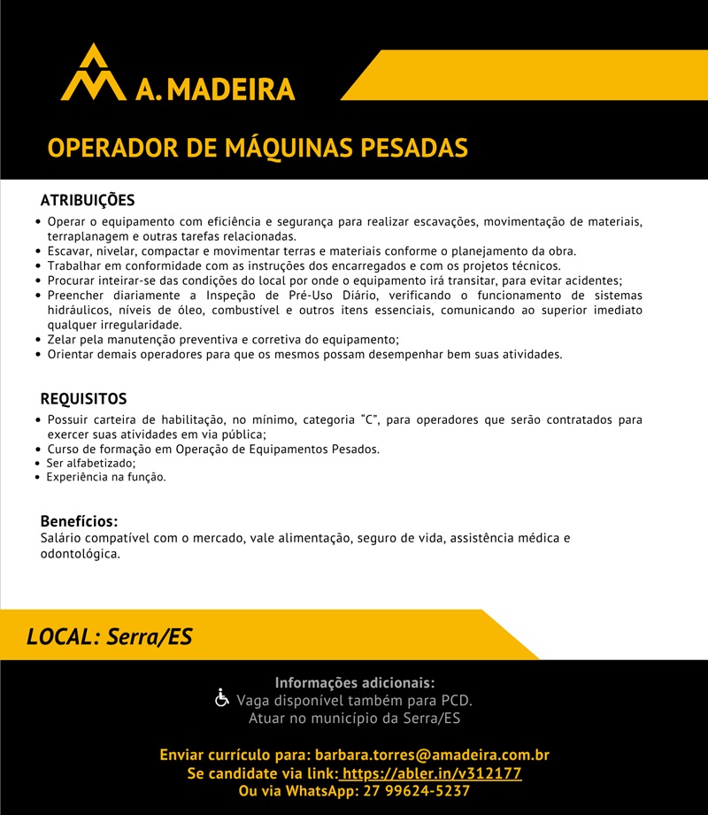 Grupo A. MADEIRA contrata Operador de Máquinas Pesadas