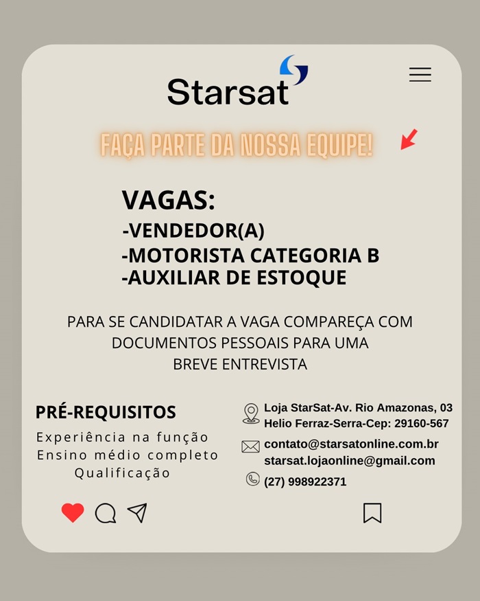STARSAT ABRE VAGAS DE EMPREGO