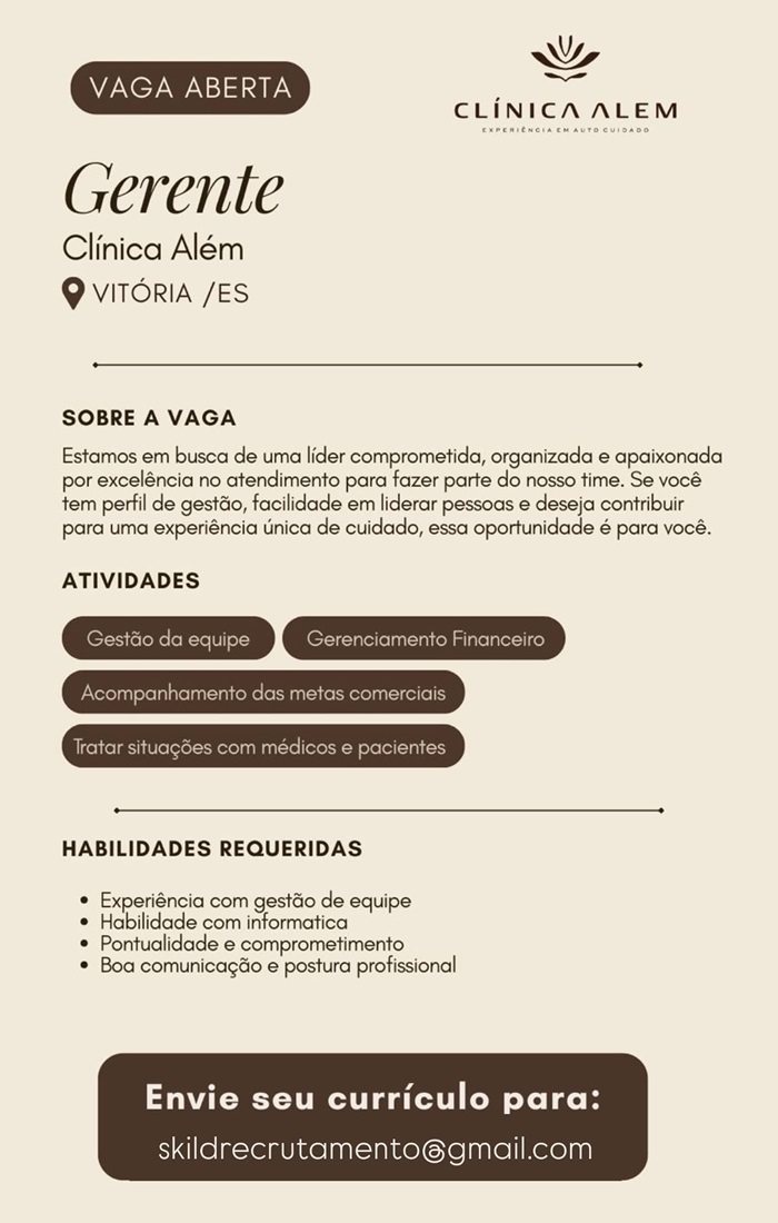 Vaga para Gerente – Clínica Além (Vitória / ES)