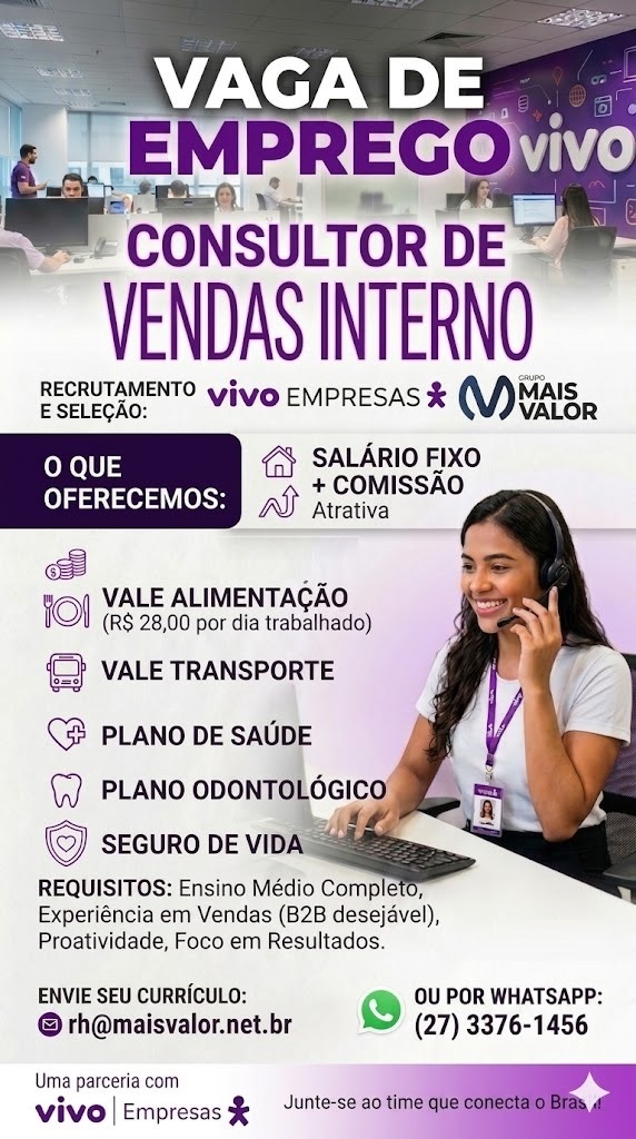 VAGA DE CONSULTOR DE VENDAS INTERNO