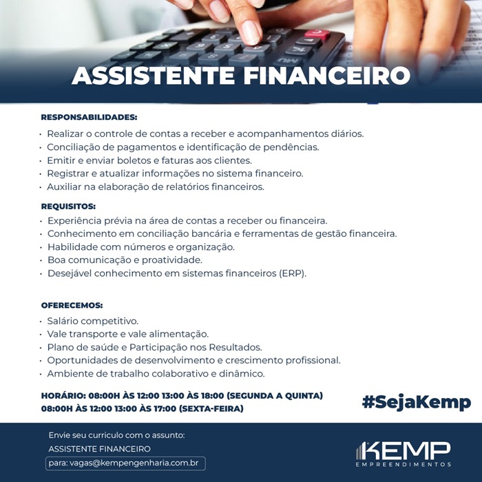 Kemp contrata Assistente Financeiro