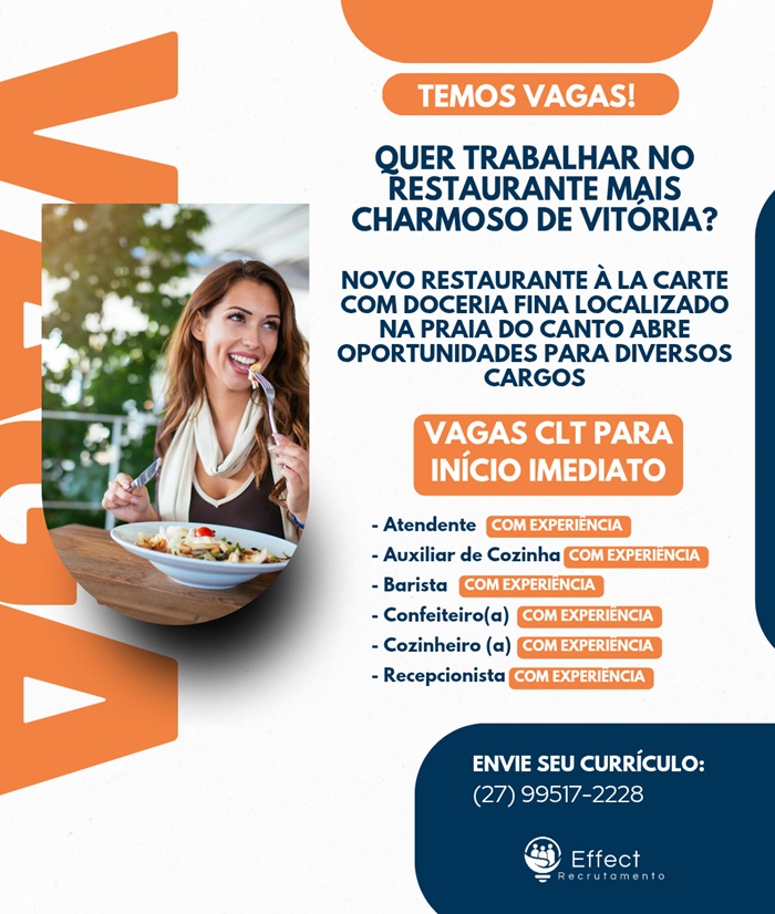 NOVO RESTAURANTE EM VITÓRIA ABRE VAGAS DE EMPREGO