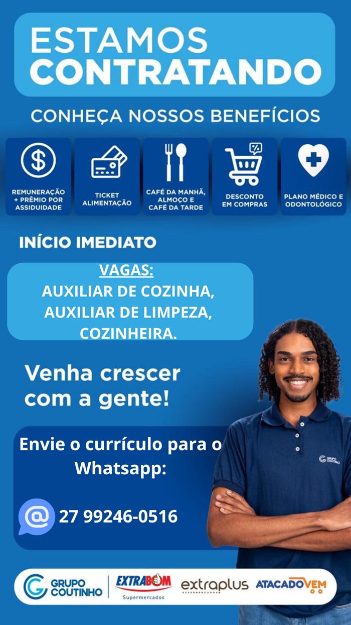 GRUPO COUTINHO ABRE VAGAS DE COZINHEIRA, AUX DE COZINHA E ASG