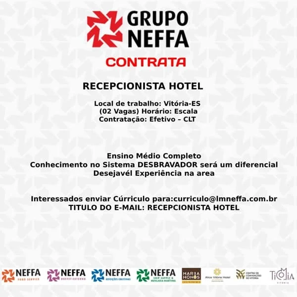 GRUPO NEFFA CONTRATA RECEPCIONISTA DE HOTEL (ambos os sexos)
