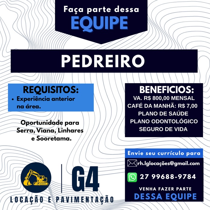 G4 Locação e Pavimentação contrata Pedreiro