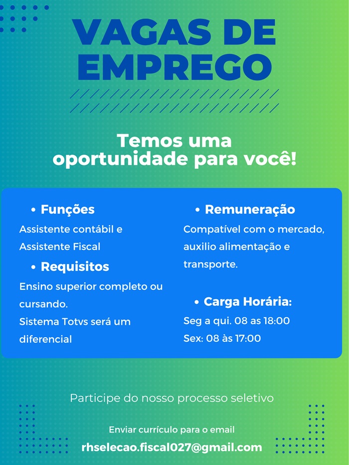 Vagas de Assistente Contábil e Assistente Fiscal