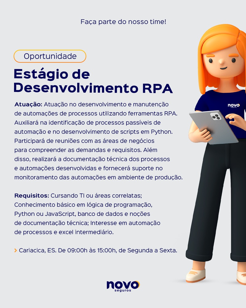 Novo Seguros abre vaga de Estágio de Desenvolvimento RPA