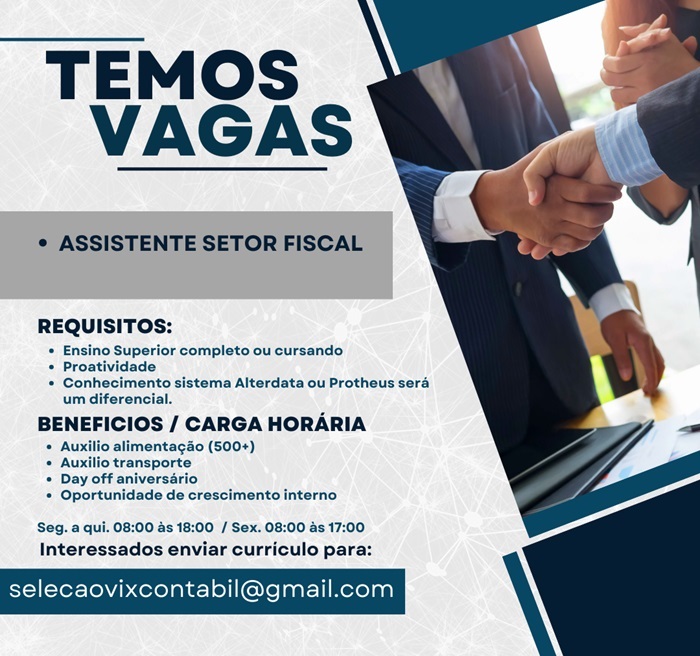 Vaga para Assistente Setor Fiscal