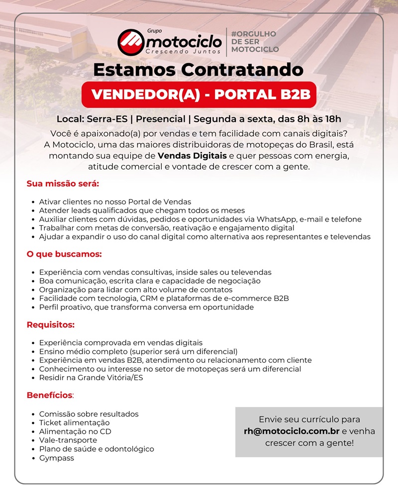 Grupo Motociclo contrata Vendedor (a) - Portal B2B