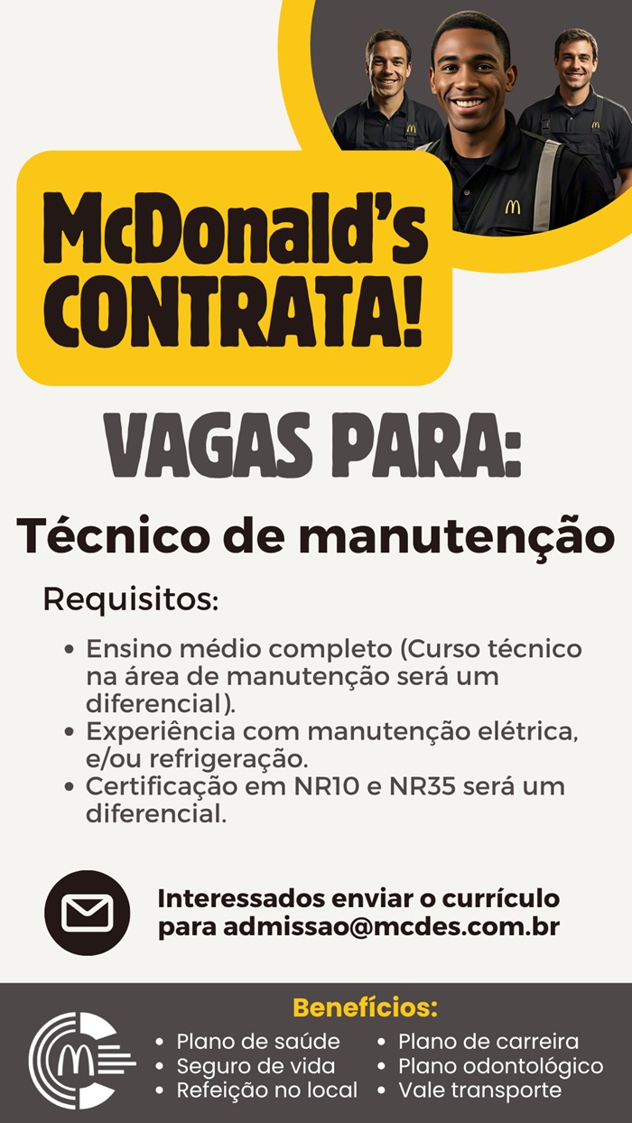 McDonald's contrata Técnico de Manutenção