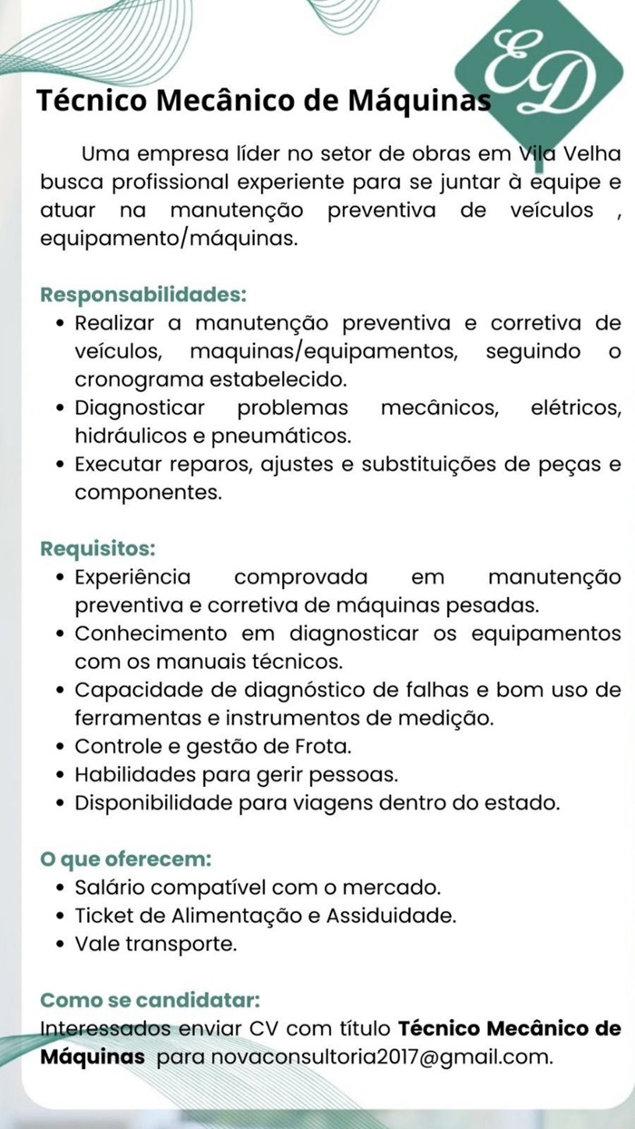 Vaga para Técnico Mecânico de Máquinas