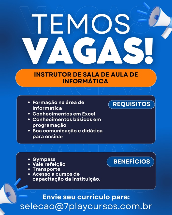 7PlayCursos contrata Instrutor(a) de Informática