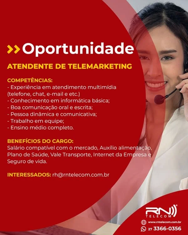 RN TELECOM CONTRATA ATENDENTE DE TELEMARKETING.