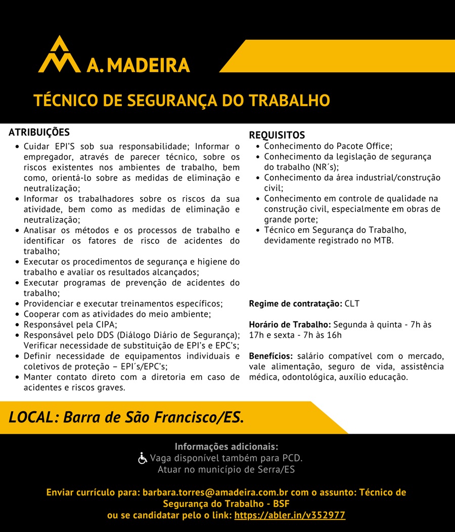 Grupo A. MADEIRA contrata Técnico de Segurança do Trabalho