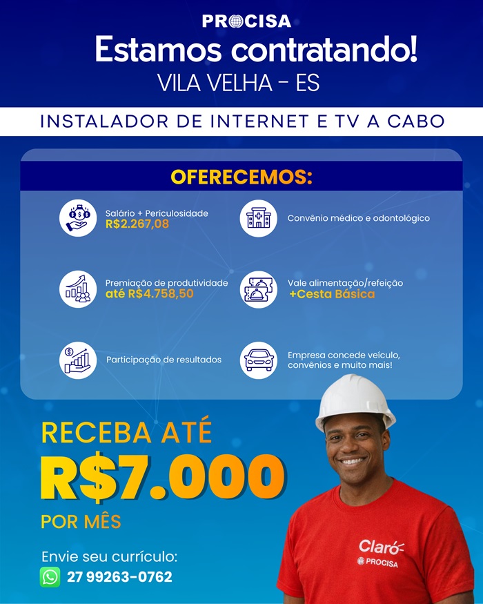 Vagas para Instalador de Internet e TV a Cabo