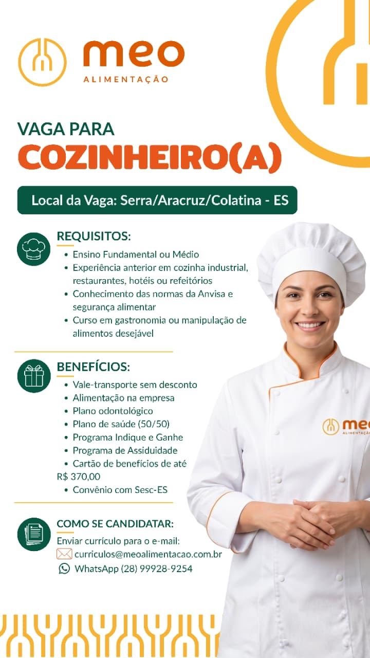 Vaga para Cozinheiro(a) – (Serra/Aracruz/Colatina - ES)