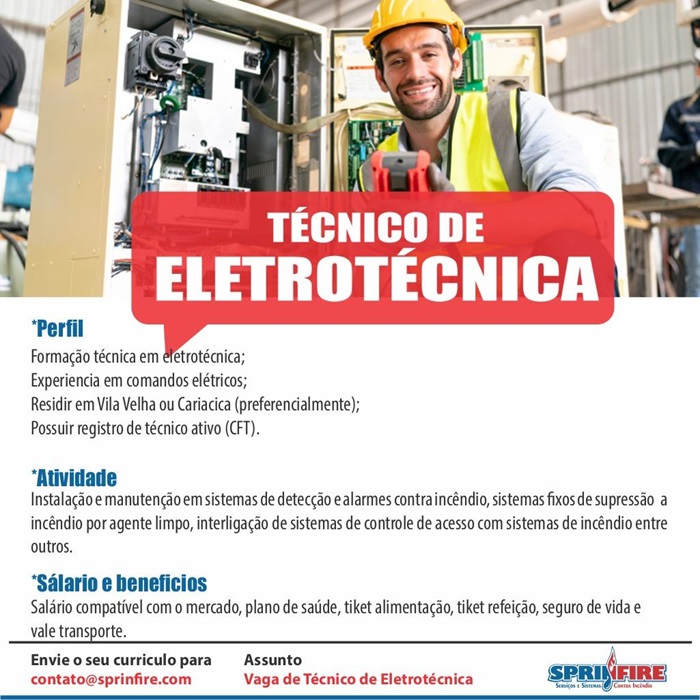 Sprinfire contrata Técnico de Eletrotécnica