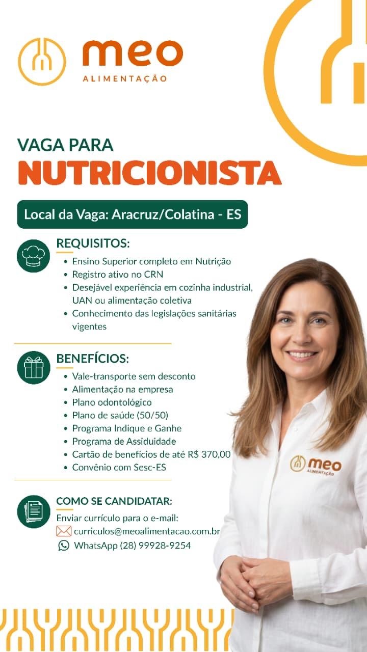 Vaga para Nutricionista (Aracruz/Colatina - ES)