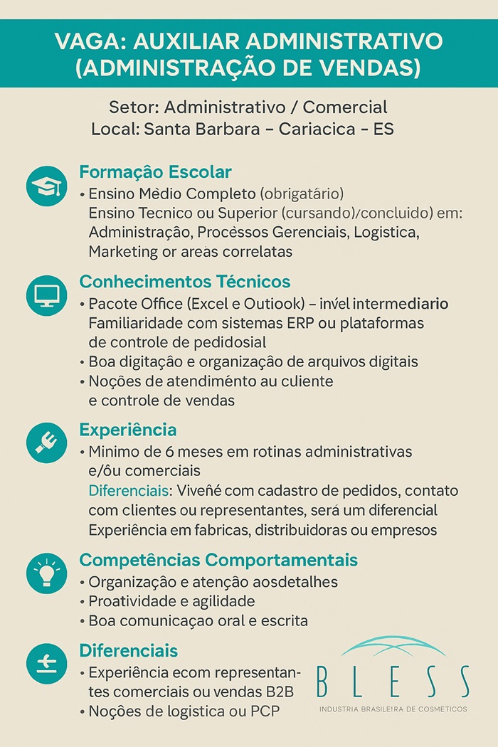 Bless Cosméticos contrata Auxiliar Administrativo