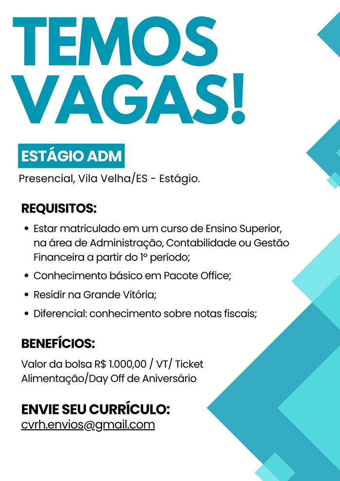 VAGA PARA ESTAGIÁRIO ADMINISTRATIVO