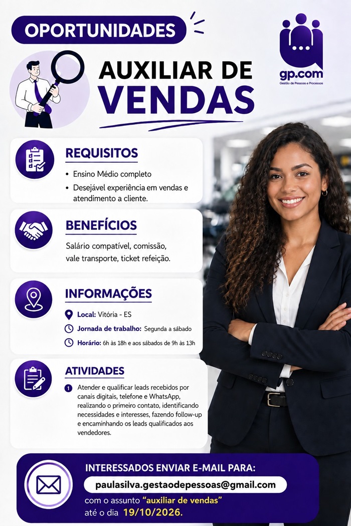 Vaga para Auxiliar de Vendas