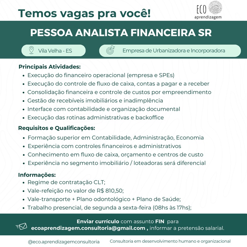 Vaga para Pessoa Analista Financeiro Sênior