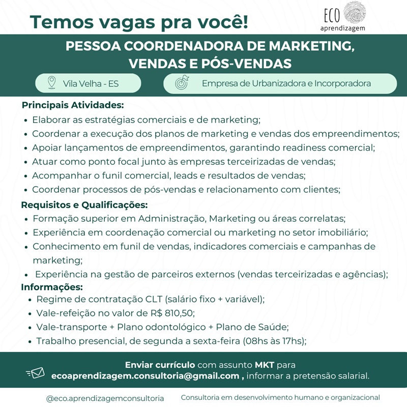 Vaga para Pessoa Coordenadora de Marketing, Vendas e Pós-Vendas