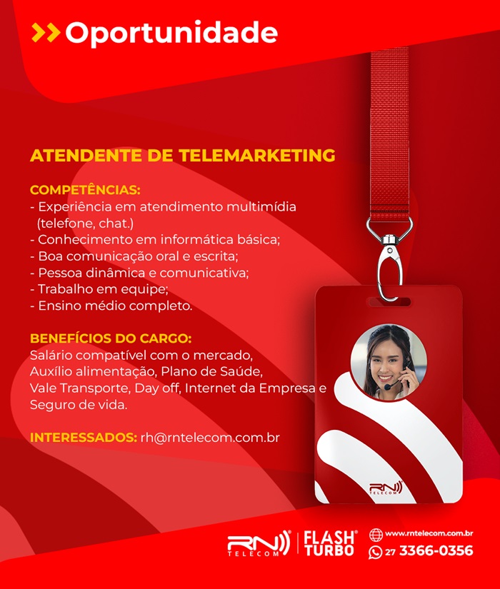 RN TELECOM CONTRATA ATENDENTE DE TELEMARKETING