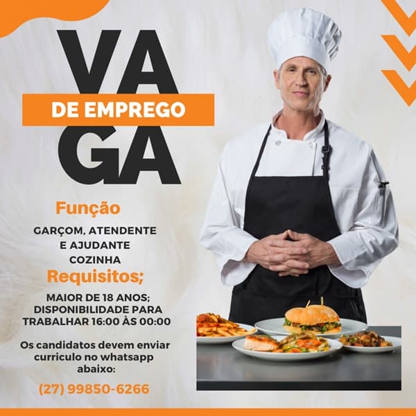 VAGAS DE ATENDENTE, GARÇOM E AJUDANTE DE COZINHA