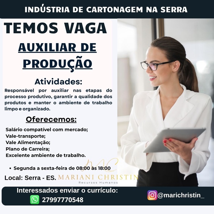 Indústria contrata Auxiliar de Produção
