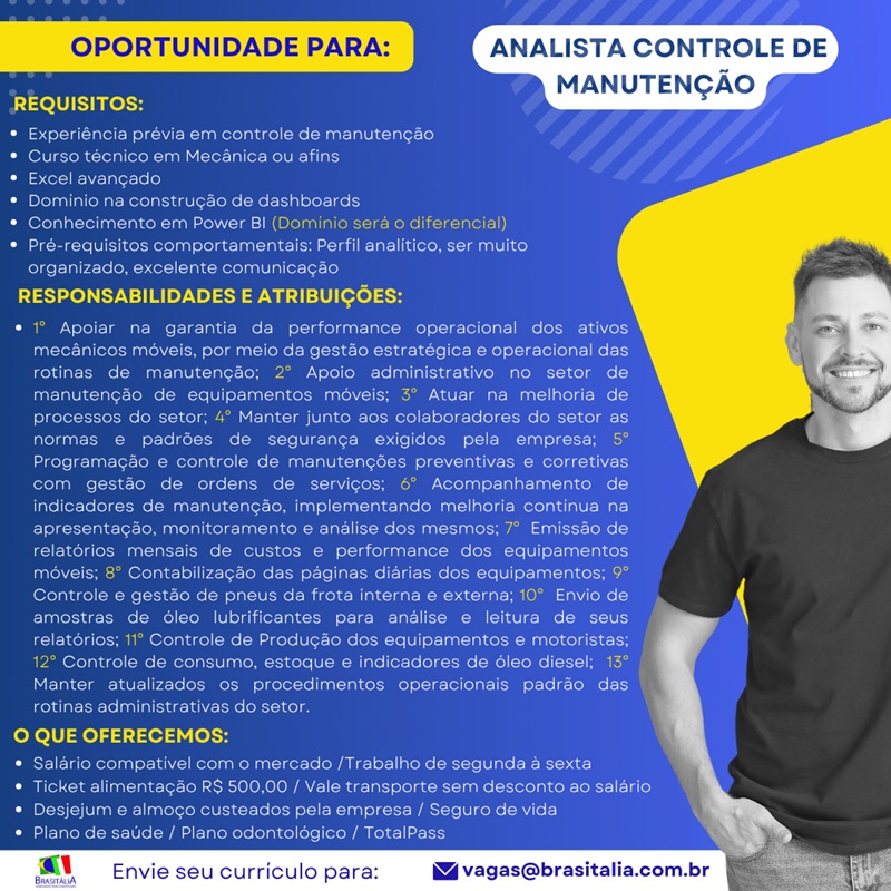 BRASITALIA CONTRATA ANALISTA CONTROLE E MANUTENÇÃO