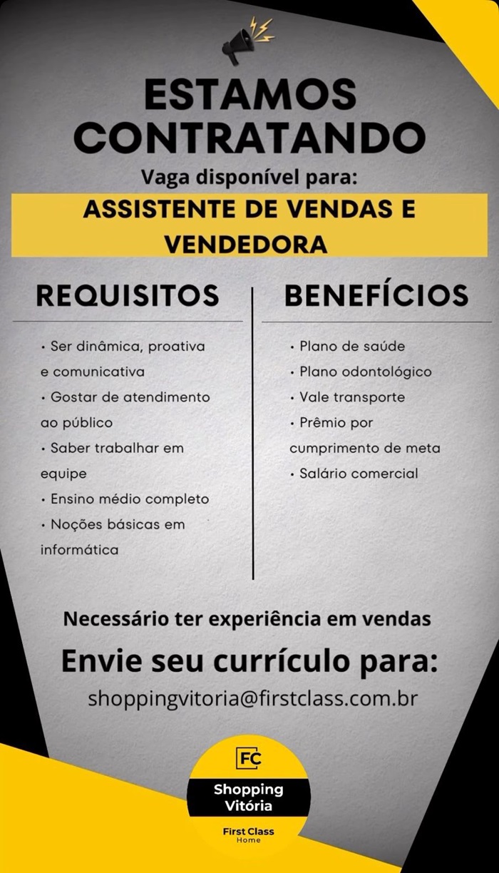 Vagas para Assistente de Vendas e Vendedora