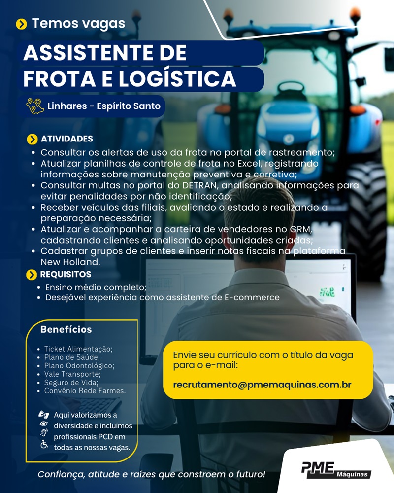 PME Máquinas contrata Assistente de Logística e Frota