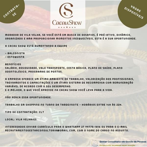 Cacau Show contrata Balconista e Estoquista