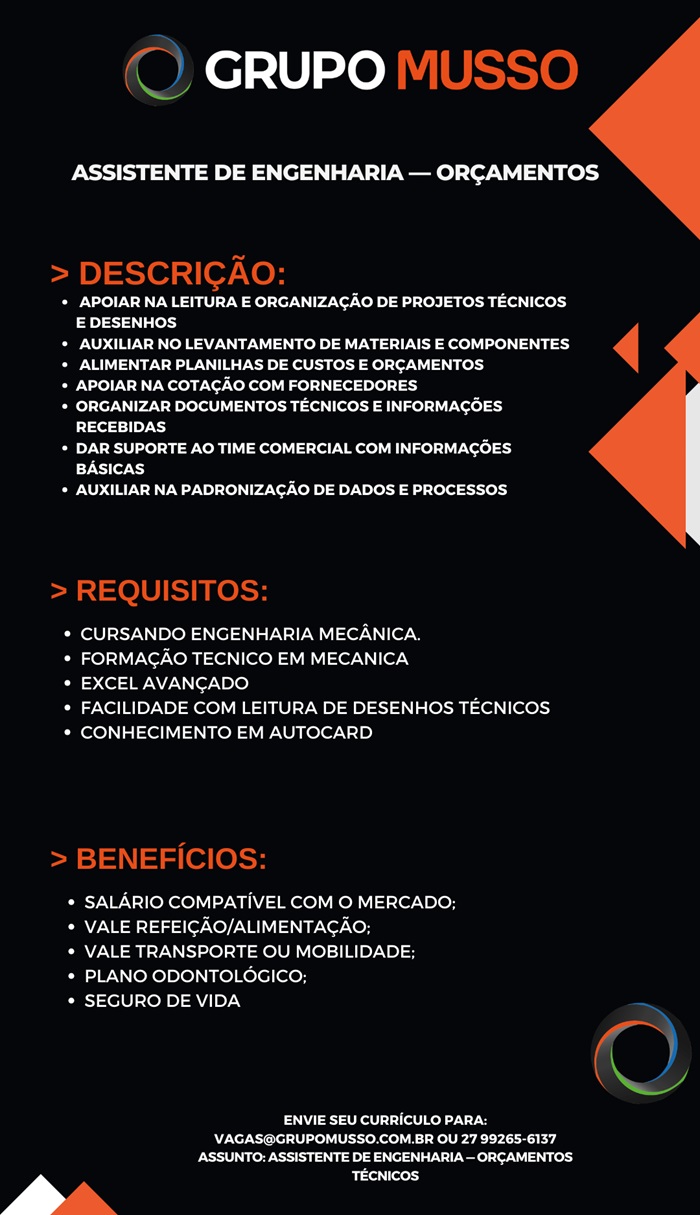 Grupo Musso contrata Assistente de Engenharia — Orçamentos
