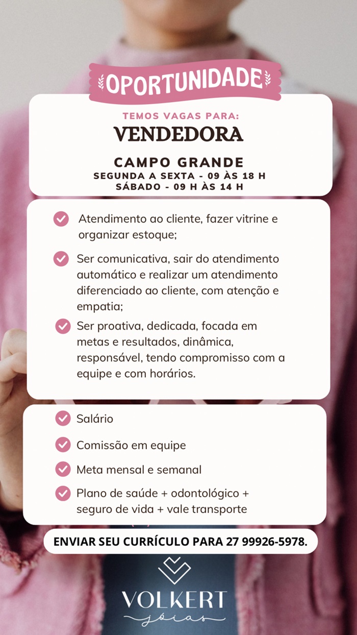 Vaga para Vendedora — Volkert Jóias