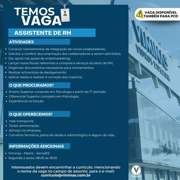 VIMINAS CONTRATA ASSISTENTE DE RH