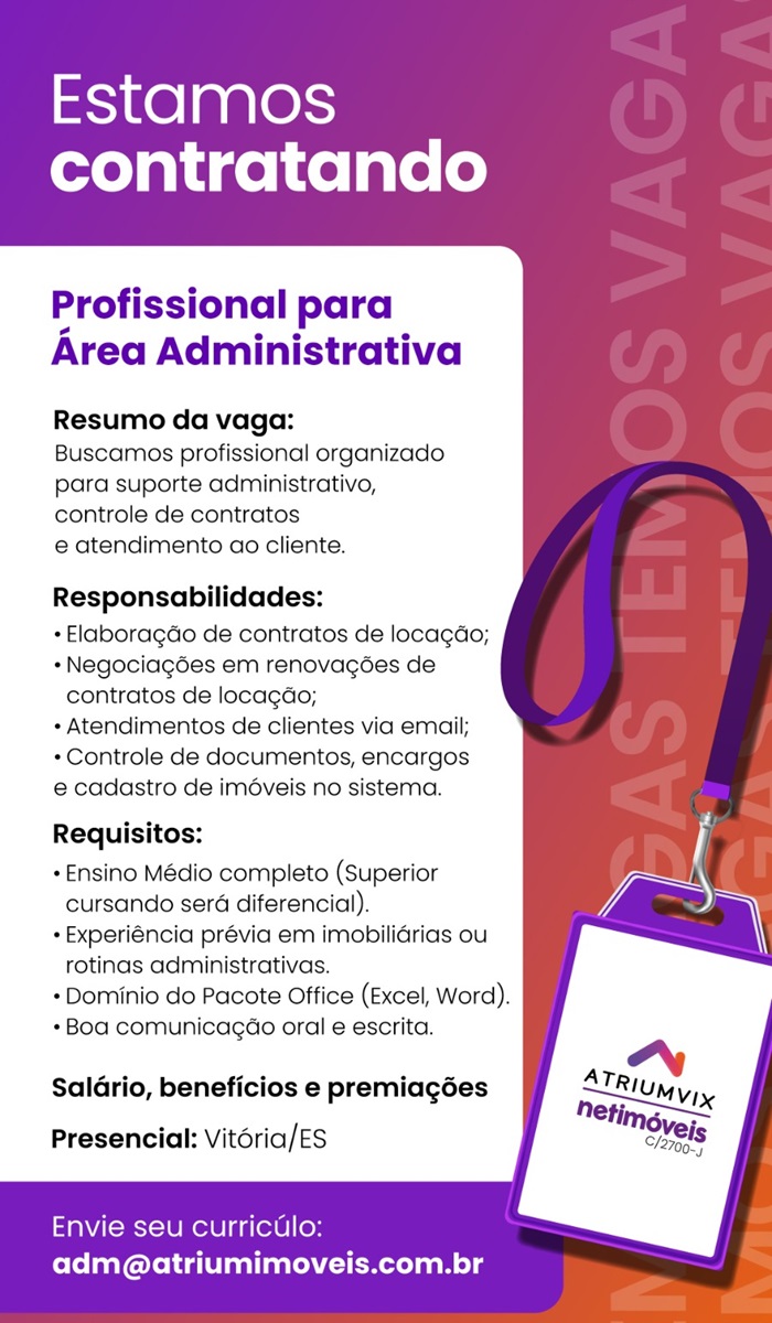 Vaga para Profissional para Área Administrativa