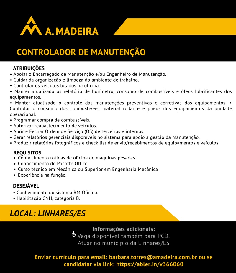 Grupo A. MADEIRA contrata Controlador de Manutenção