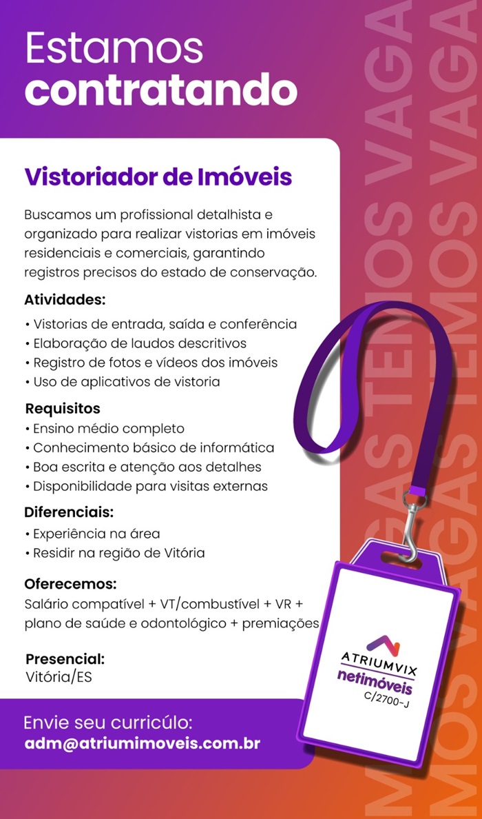 Vaga para Vistoriador de Imóveis 