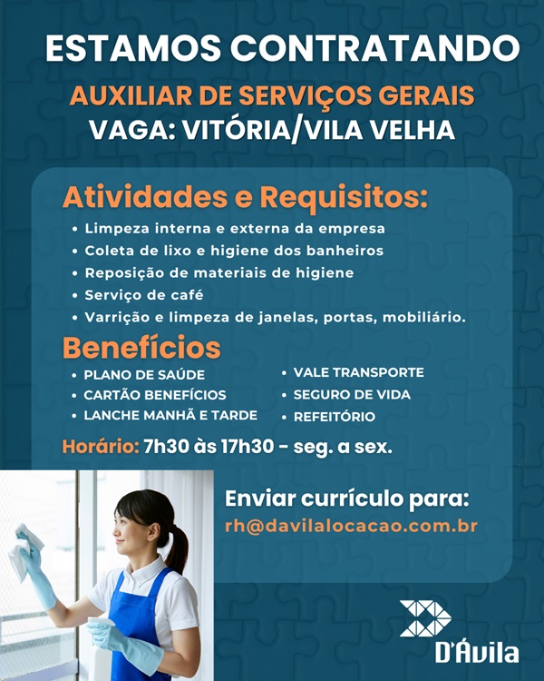 Vaga de Auxiliar de Serviços Gerais - Vitória e Vila Velha