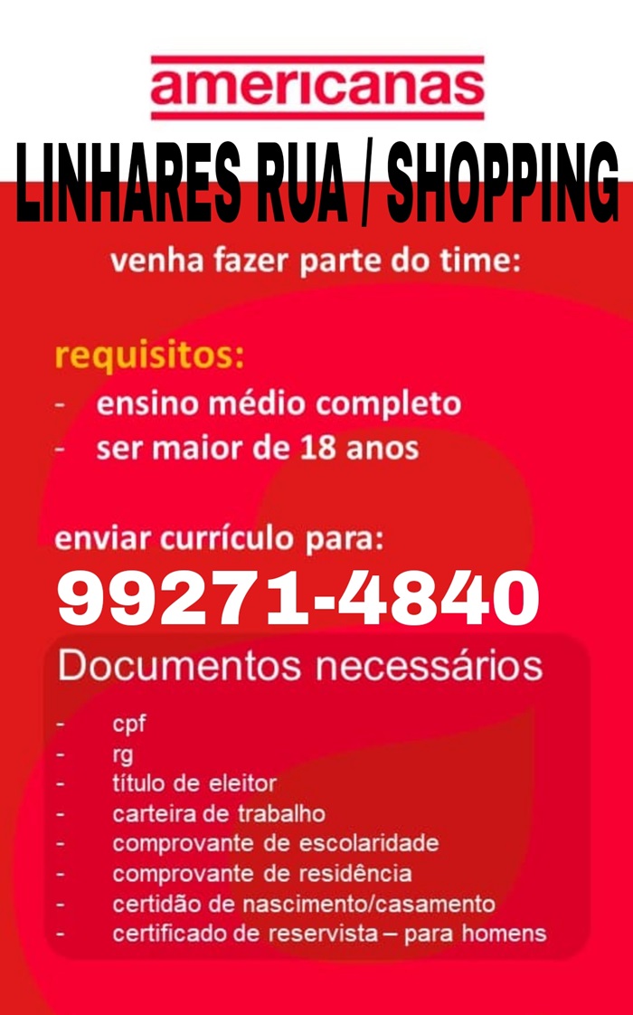 OPORTUNIDADE DE EMPREGO AMERICANAS – AUXILIAR DE LOJA