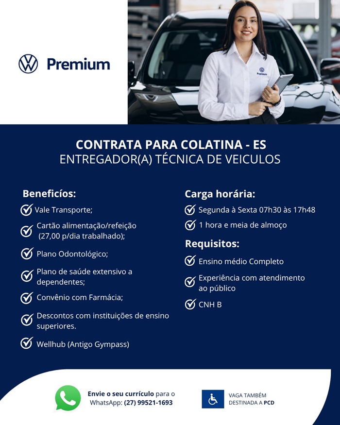Volkswagen Premium contrata Entregador(a) Técnica de Veículos