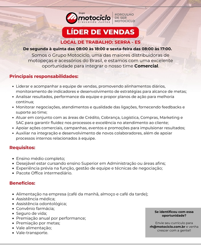 Grupo Motociclo contrata Líder de Vendas
