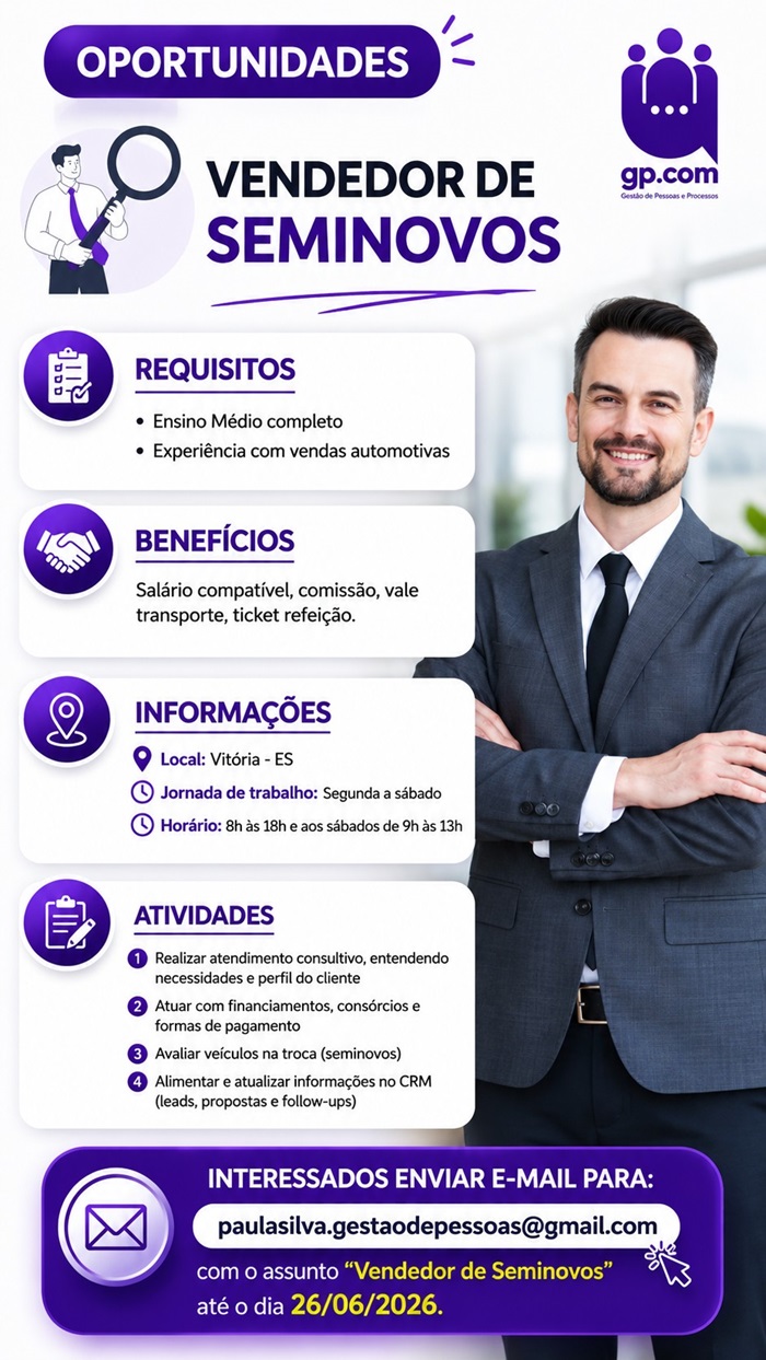 Vaga para Vendedor de Seminovos